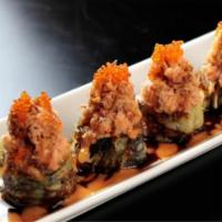 Godzilla Roll · Deep fried spicy tuna, real crab meat, spicy sauce, flying fish eggs, sushi rice, unagi sauc...