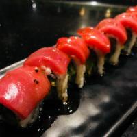 Double Tuna Roll · Spicy tuna, avocado, fresh cut tuna on top, with yuzu wasabi sauce, sushi rice, seaweed.