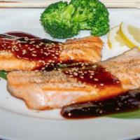 Salmon Teriyaki · Grilled salmon with Japanese teriyaki sauce, broccoli.