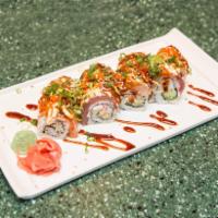 Fuji Yama Roll · Inside: Kani, shrimp, cucumber, caviar Outside: Tuna, salmon, mayo, caviar, scallions, fire.