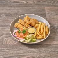 Chicken Tender Platter · 7 pieces. Served with lettuce, tomato, onions and a side of honey mustard.