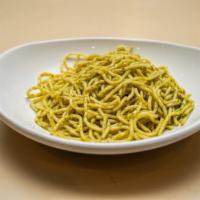 Spaghetti w/ Pesto · Pasta with Homemade Pesto sauce (contains pine nuts) and Garlic Bread
