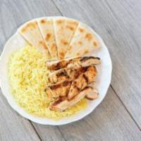 Kid's Meal with Grilled Chicken · Grilled chicken strips served with seasoned basmati rice and warm pita bread. 