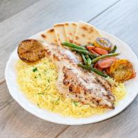 Mediterranean Fish Plate · Seasonal fish served with roasted veggies, seasoned basmati rice, choice of hummus or tzatzi...