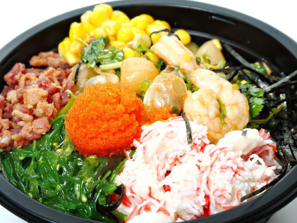 3. Shellfish Bowl · The base of your choice, spicy scallop, shrimp, clam, spicy garlic shoyu and house sauce, cilantro and green onion, topped with crab salad, seaweed salad, masago, corn and seaweed strips.