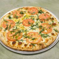 Margarita Pizza · Sliced tomatoes, mozzarella, roasted garlic and basil with herb infused virgin olive oil.