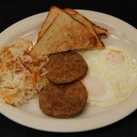 Morning Story Classic Breakfast · 2 eggs your way, choice of bacon, smoked ham, pork or turkey sausage patties, golden hash-br...