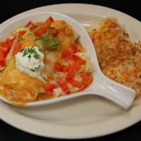 Green Chili Chicken Hash · A heaping bed of shredded hashbrowns cooked with diced onions, green chilies, jalepenos and ...