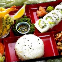 28. Teriyaki Chicken Box · Chicken teriyaki, 5 pieces California roll, 1 piece shrimp tempura, 5 pieces veggie tempura....