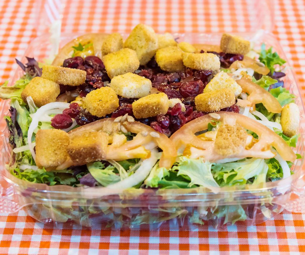 Picasso NW Salad · Mixed greens with tomatoes, sliced onions, dried cranberries, sunflower seeds, croutons and balsamic vinaigrette.