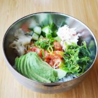 Yuzu Salmon Poke · Yuzu chili, wakame, cucumber, crab salad, avocado, and sushi rice or greens.