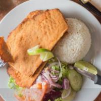 Milanesa de Pollo · Breaded chicken breast. Served with your choice of two sides. NOW Served with Bread & an Ext...