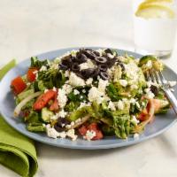 Greek Salad · Romaine lettuce, cucumbers, tomatoes, onions, olives, feta cheese and house dressing.