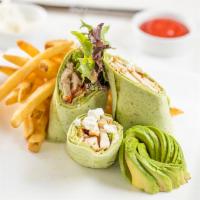 Avocado Chicken Wrap · Ranch avocado spread, grilled chicken breast, shredded lettuce and goat cheese.