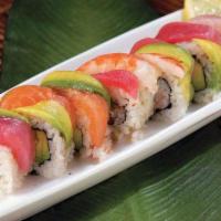 C3. Rainbow Roll · California roll inside. Tuna，salmon, white fish, avocado on top.