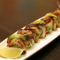 C5. Black Dragon Roll · Shrimp tempura, seaweed salad inside, eel and avocado on top eel sauce.