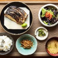 Gindara Black Cod Saikyo Miso Bento Box · Grilled black cod marinated with saikyo white miso.