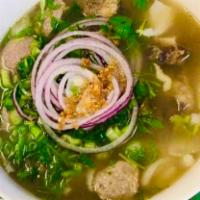 45. Pho Beef · Rice noodle, beef, meatball, bean sprouts, green onion and cilantro.