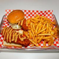 Combo #3 · 1 tender with toast and 1 slider with coleslaw, pickles and sauce. Served with a side of fri...