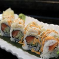 Maryland Roll · Fresh lump crab meat on top, cucumber, tobiko and salmon inside. Raw. Spicy.