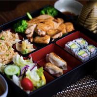 Chicken Teriyaki Combo · Served with Miso Soup, Salad &
White, Brown, or Fried Rice;  
Bento Box includes: one extra ...