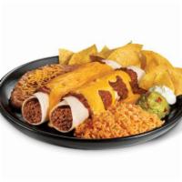 Cheesy Beef Chilada Platter · Two Cheesy Beef Chiladas, pico, rice, beans, sour cream, guac, and a small bag of chips