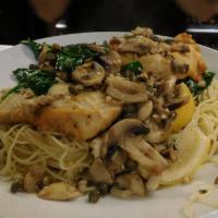 Chicken Picatta · Sauteed chicken breast or veal cutlet, mushrooms, capers, baby spinach and lemon, garlic win...