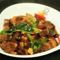 820. Szechuan Style Hong Sue Pork · Fat. Pork belly. Spicy.