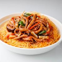 Pan Fried Noodle with Shredded Pork 肉絲兩面黃 · 