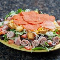 Antipasto Salad · Pepperoni, ham, black olives, lettuce, tomatoes and cheddar cheese.