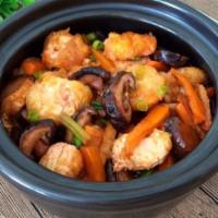 Shrimp Ball, Mushroom with Tofu in Hot Pot · 