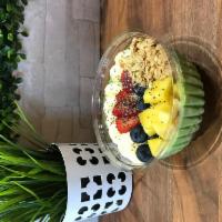 Fantasy Green Bowl · Blended banana, avocado, spinach, milk topped with banana, mango, berry, kiwi, granola, chia...