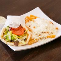 Gyro Combo 2 · Choice of chicken or beef and lamb (rotisserie) with Greek fries and a soda with tzatziki sa...
