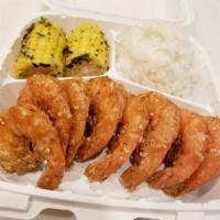 Honey Garlic Shrimp Plate · Butterflied shrimp fried and dressed with our popular honey garlic sauce then served alongsi...