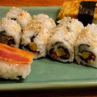 Crispy Bacon Roll · Cooked. Crispy bacon, tamago, cheese. Hand rolls up 1 plate color.