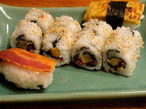 Crispy Bacon Roll · Cooked. Crispy bacon, tamago, cheese. Hand rolls up 1 plate color.