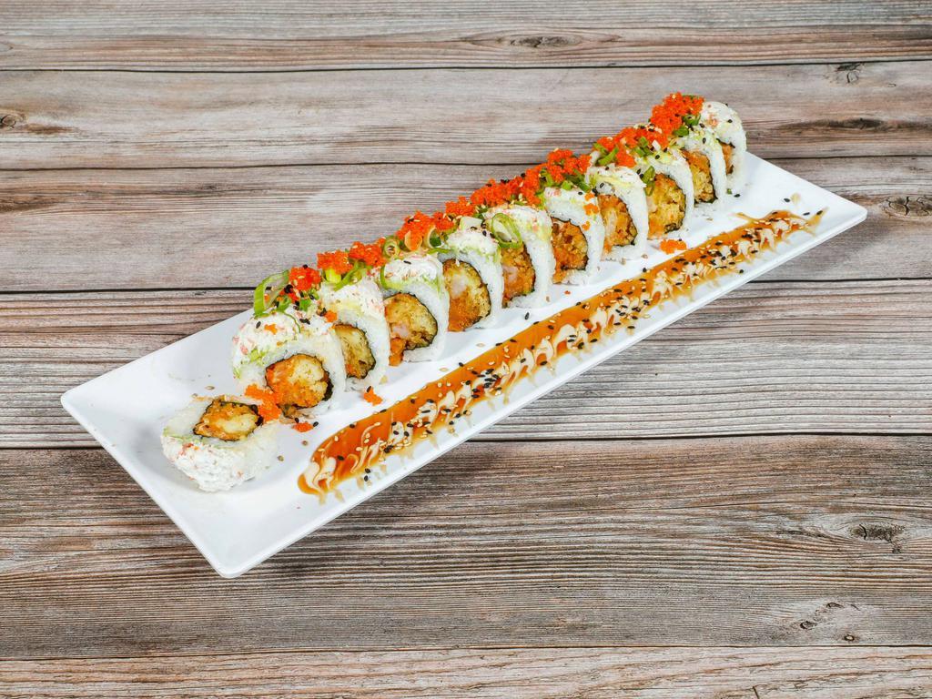 Kamikaze Roll · Tempura shrimp, spicy tuna, avocado, snow crab, tobiko and sauce.