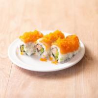 Rainbow Roll · Snow crab, avocado, tuna, salmon, hamachi and tobiko.