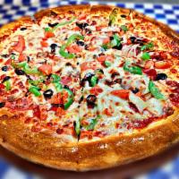 Large Village Ten Topping Special Pizza 15'' · Topped with ,Pepperoni, beef, can bacon, Italian sausage, Onion, mushrooms ,Black Olives, Be...