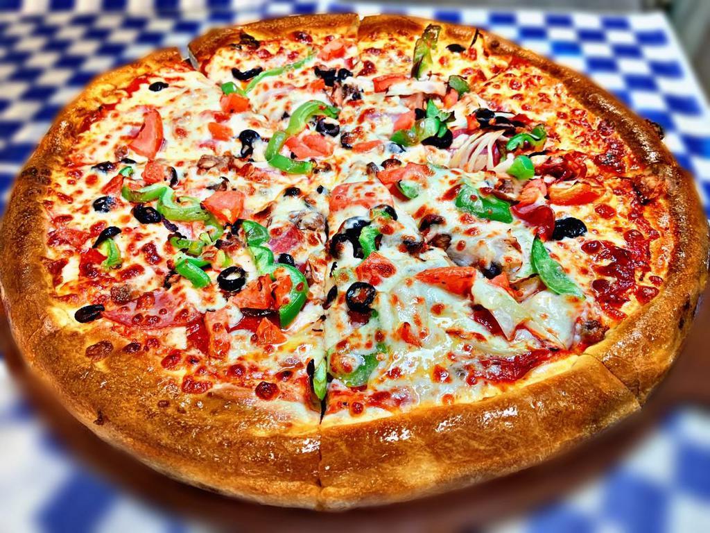 Large Village Ten Topping Special Pizza 15'' · Topped with ,Pepperoni, beef, can bacon, Italian sausage, Onion, mushrooms ,Black Olives, Bell peppers, dice Tomatoes,fresh garlic