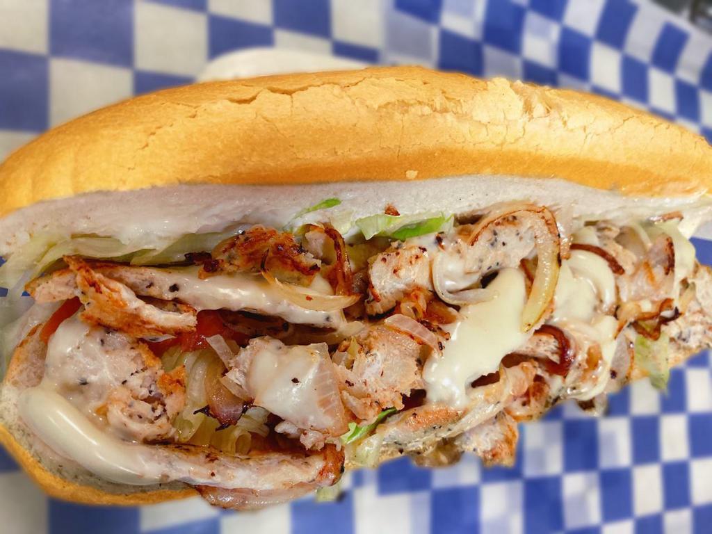 Grilled Chicken Sub · Sauteed onions and cheese (mayo, lettuce, tomato).