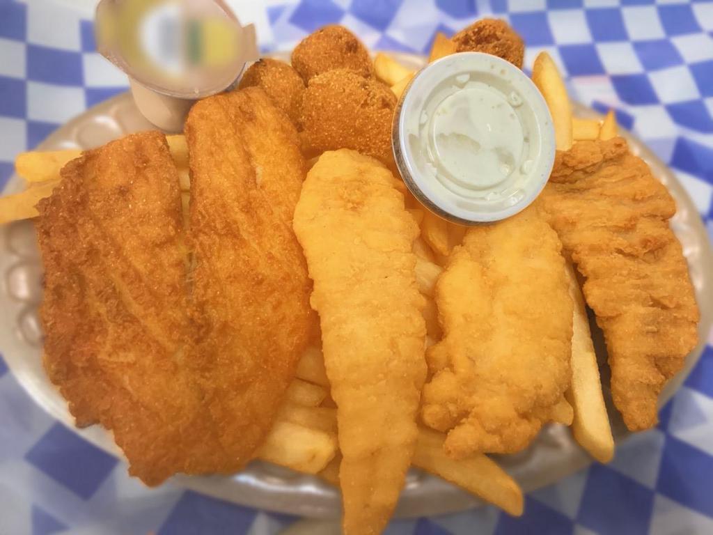 Fish and Chicken Dinner · 1 tilapia fillet and 3 chicken strips (1 homemade tartar sauce and 1 honey mustard).2oz cup