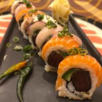 The Machu Picchu Roll · Yellowfin tuna, octopus, Hawaiian yellowtail, seasonal salmon, jalapeno, garlic, cilantro, l...