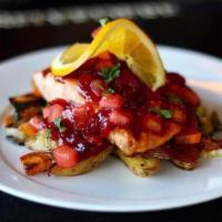 Cranberry Apple Salmon · Gluten-free. Grilled seasonal salmon, cranberry apple chutney, fingerling potato and vegetab...