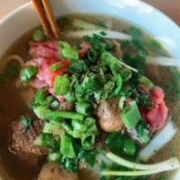 P2. Pho · Noodle soup with up to 3 choices: steak, brisket, fatty flank, tendon, tripe, or meatball.