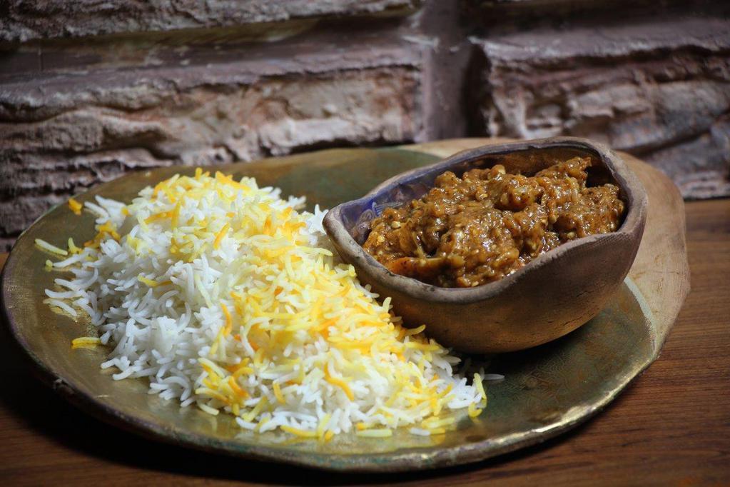 Eggplant Delight · Kashk-e-Bademjoon served with Basmati rice .