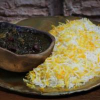 Veggie Ghormeh Sabzi Stew · Fresh green herbs sauteed and cooked with red kidney beans and sun dried lime.
