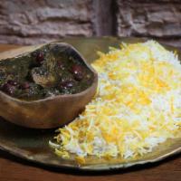 Ghormeh Sabzi · Fresh green herbs sauteed and cooked with red kidney beans, sun dried lime, and tender chunk...