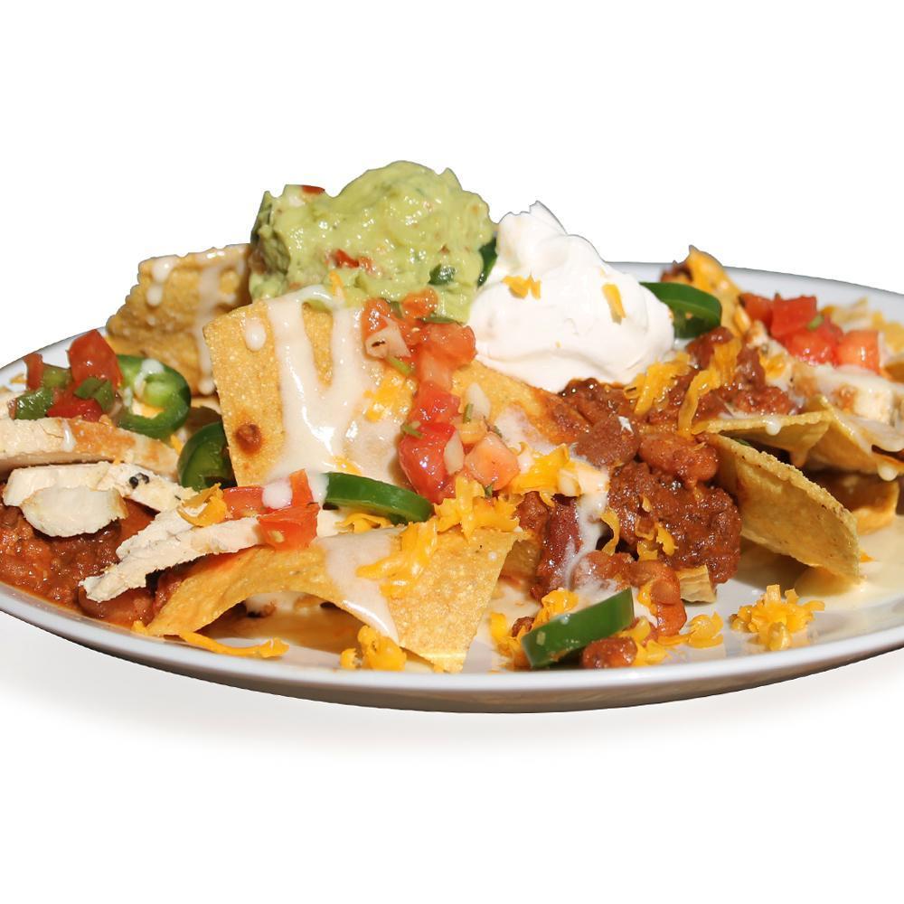 Nachos · A pile of crispy corn tortilla chips, queso blanco, shredded Cheddar, fresh salsa, sour cream,  jalapeños, and guacamole.  Delivered deconstructed.