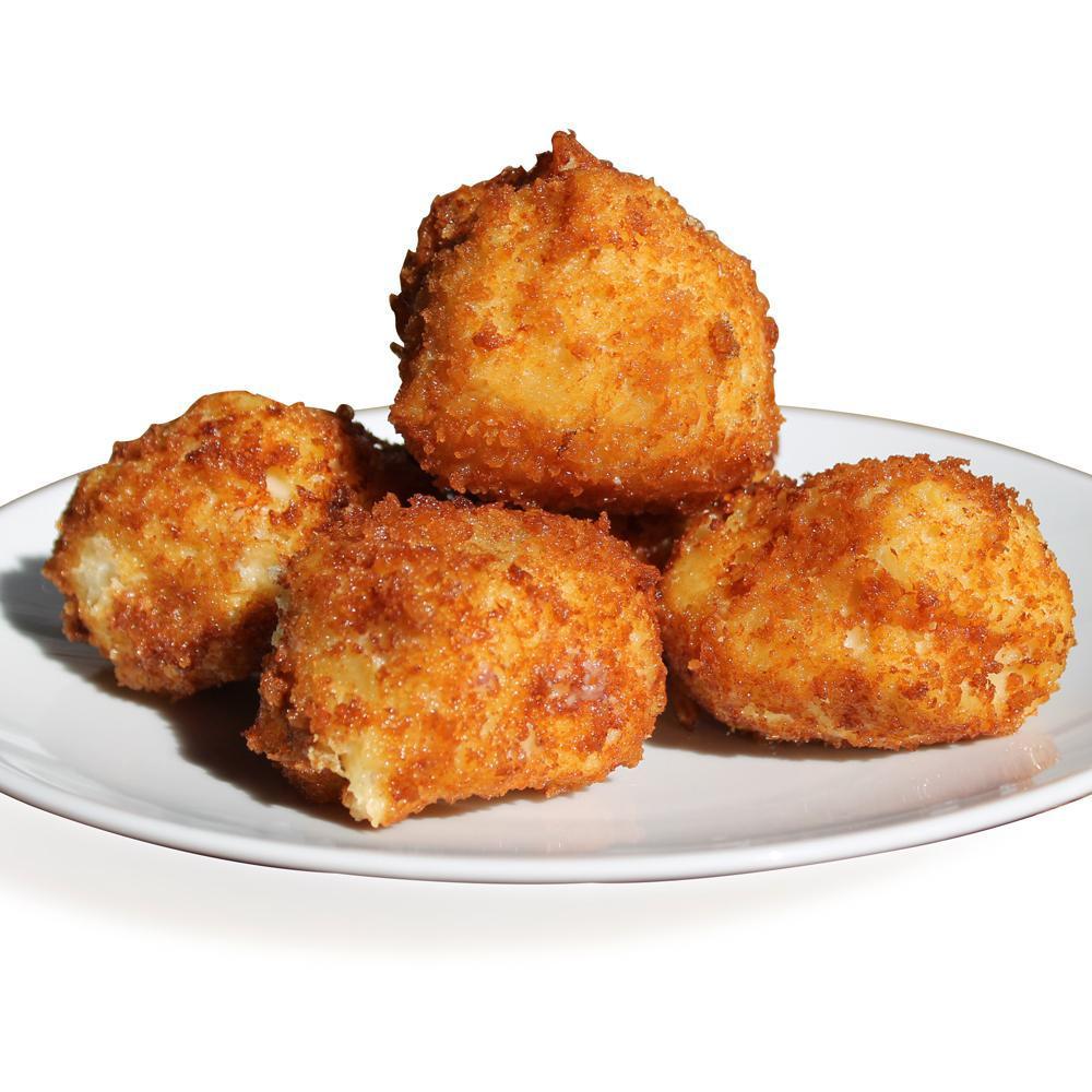 Captain Carl’s Balls  · Creamy housemade mac-n-cheese  made with queso and fresh cheddar rolled in Panko and fried to order.  (5) big balls served with housemade dipping sauce.